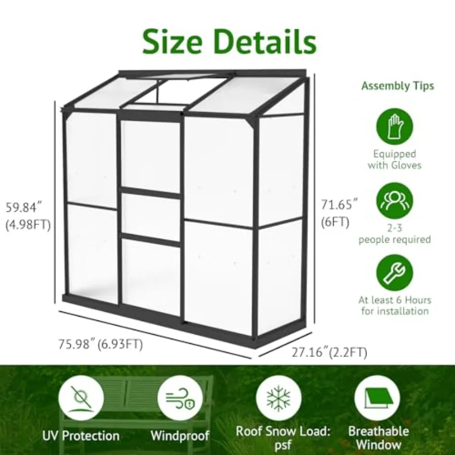 Lean-to Polycarbonate Greenhouse 6x2 Feet, Outdoor Garden Use, Transparent Polycarbonate Panels, Weather-Resistant Gray Frame,