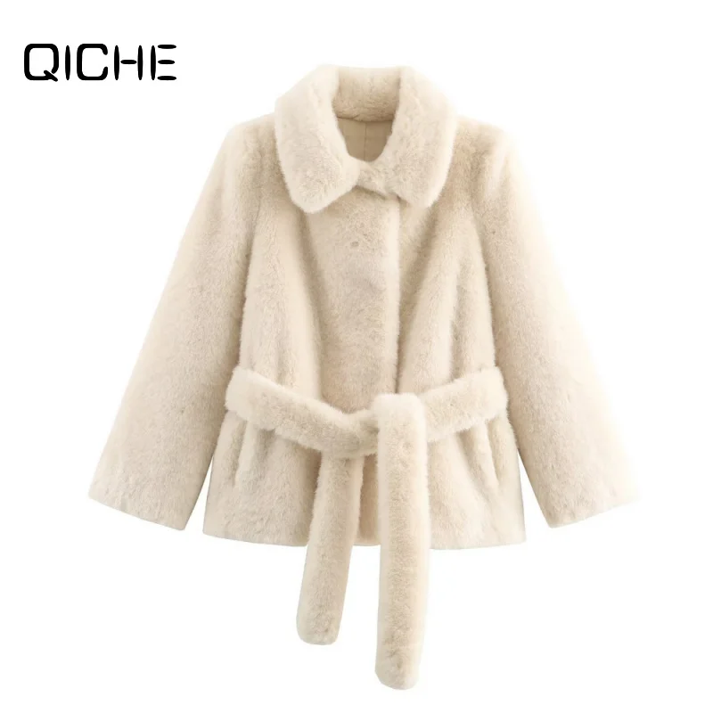 QICHE 2026 New European Style Faux Fur Coat For Women, Hot Selling Versatile Outer Jacket With Matching Belt