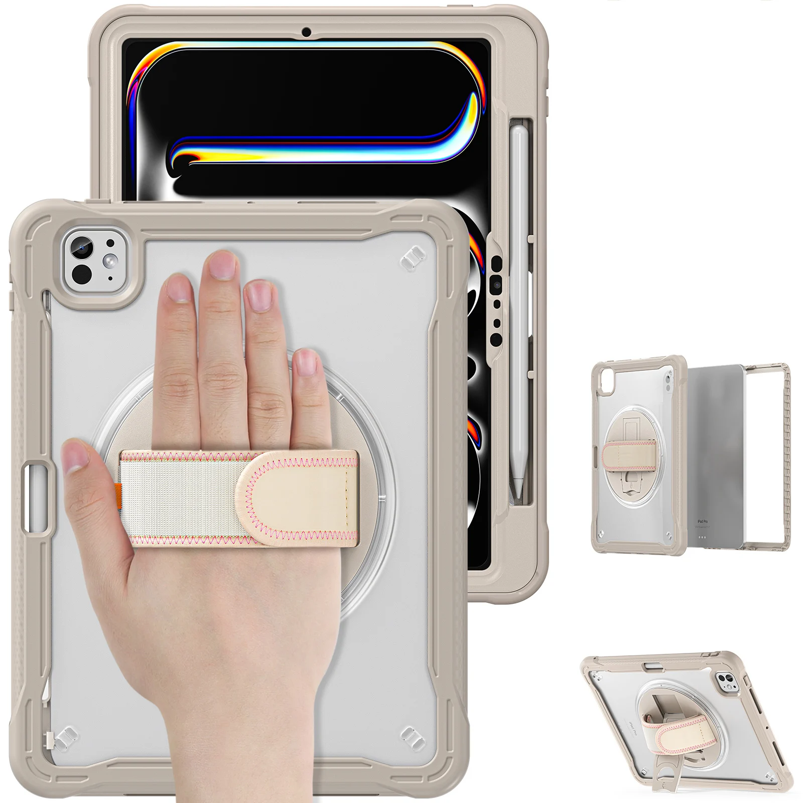 Rotation Stand Tablet Case For iPad Pro 13 11 M4 Air 4 5 6 7 8 9 10th Generation Mini Hand Band Shockproof Clear Hard Cover