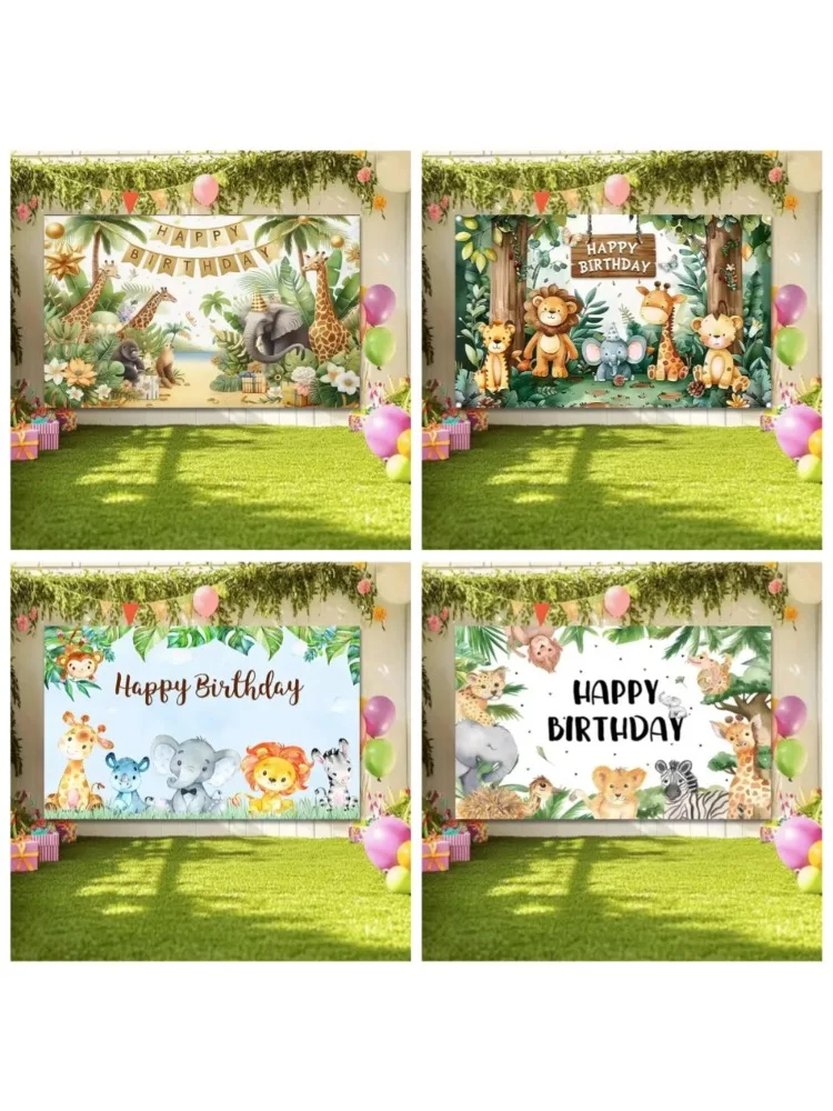 Tło fotograficzne z motywem zwierząt z dżungli, z możliwością personalizacji imieniem dziecka, na roczek, baby shower, spersonalizowane tło do zdjęć. — zdjęcie produktu 7
