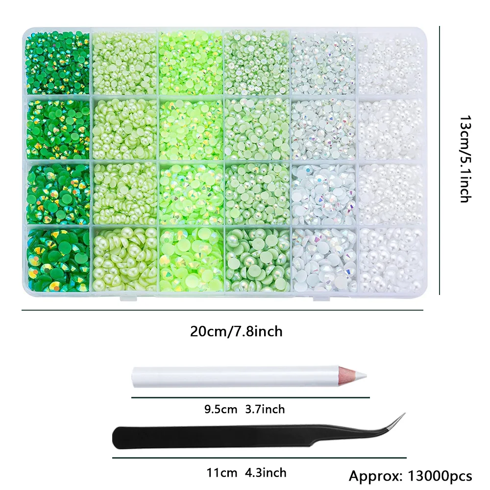 12000 Uds. Diamantes de imitación de perlas con parte posterior plana verde, diamantes de imitación de resina para manualidades, zapatos, uñas, arte facial con crayón de pinza