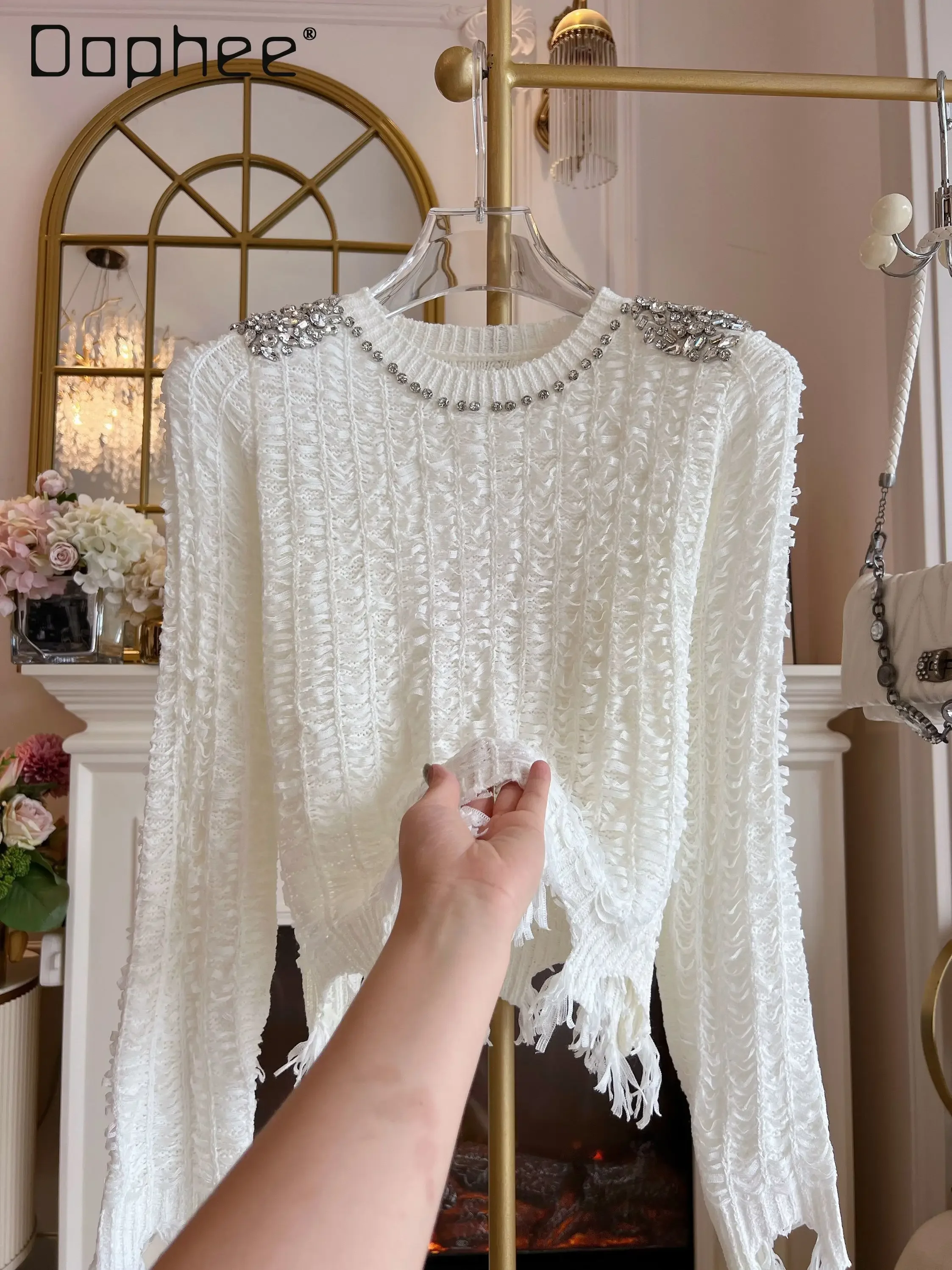 

Women's Knitted Sweater Diamonds Irregular Hem Slim Round Collar Long Sleeve Pullovers White Bottoming Shirt Casual Female Trend