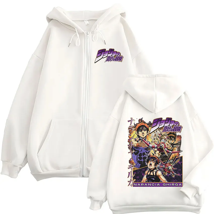 أنيمي جوجو مغامرة غريبة Narancia Ghirga الجرافيك قلنسوة بسحاب الرجال النساء الملابس الكرتون مانغا المتضخم زمم سترة