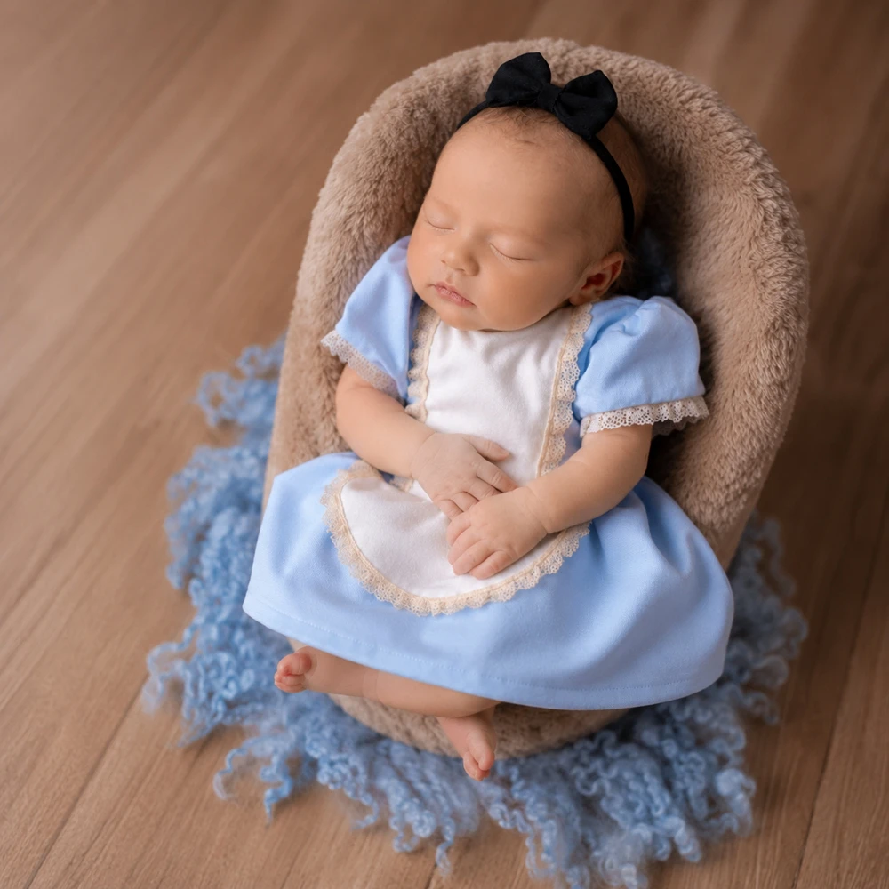 Newborn Photography Props Blue Alice Costume Lace Romper Infant Photoshoot Outfits Baby Girl Studio Posing Jumpsuit Clothes