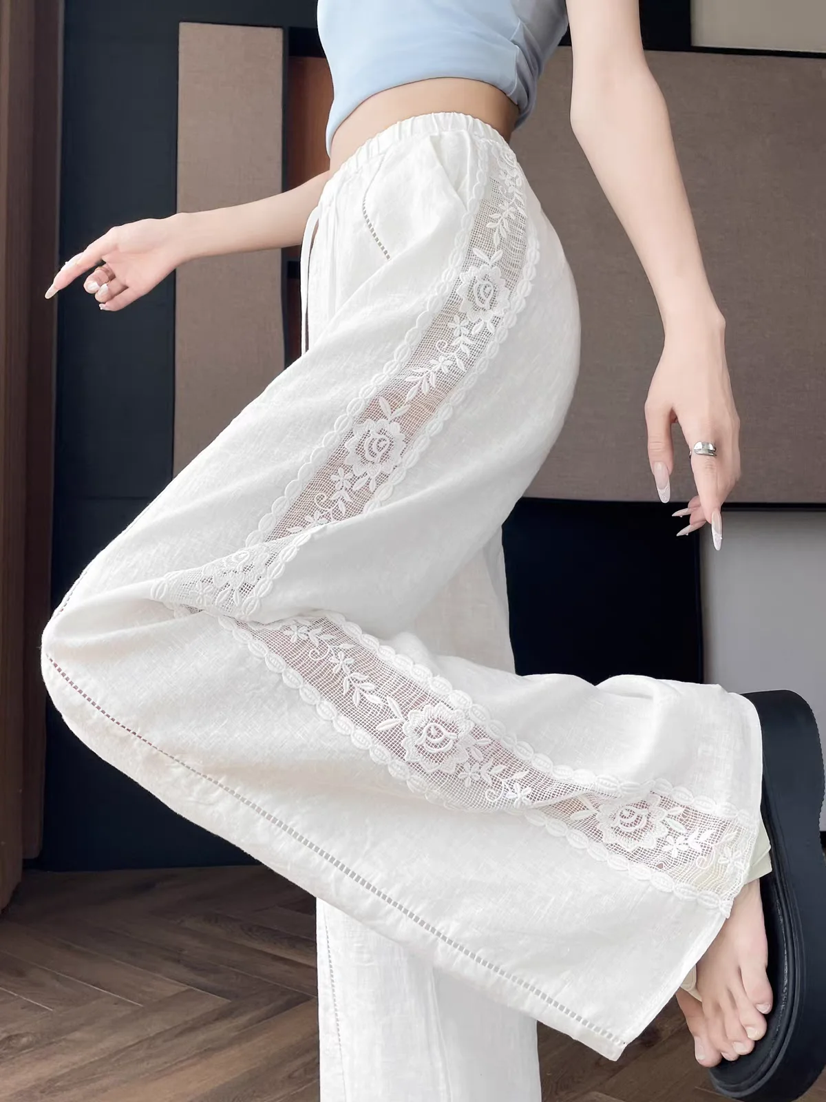 Women's Linen Cotton Lace Hollow Out Wide Leg Pants for Spring Autumn, Thin High Waist Elastic Waist Loose Fit Long Trousers