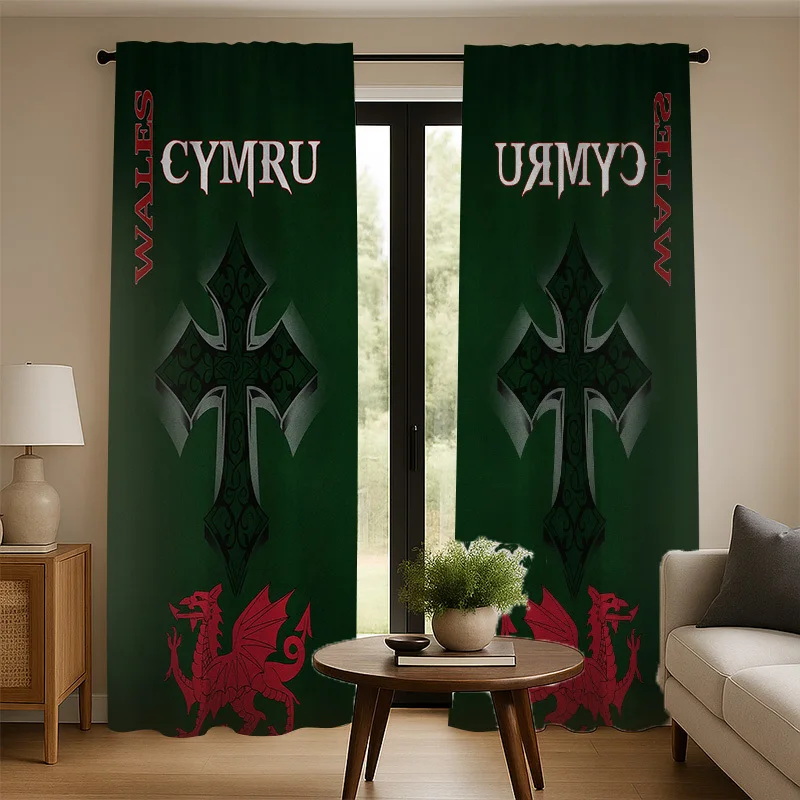 Welsh Dragon Curtain Cymru Celtic Cross Print Drape Red Dragon Flag Decor, UK Culture Home Textile Green Gothic Window Treatment