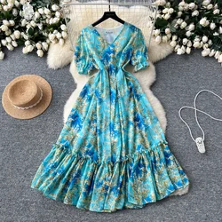 Elegant V-neck Vintage Short Puff Sleeve Chic Ruffle Slim Print Dress French Fashion Beach Vacation High Street Summer Clothing