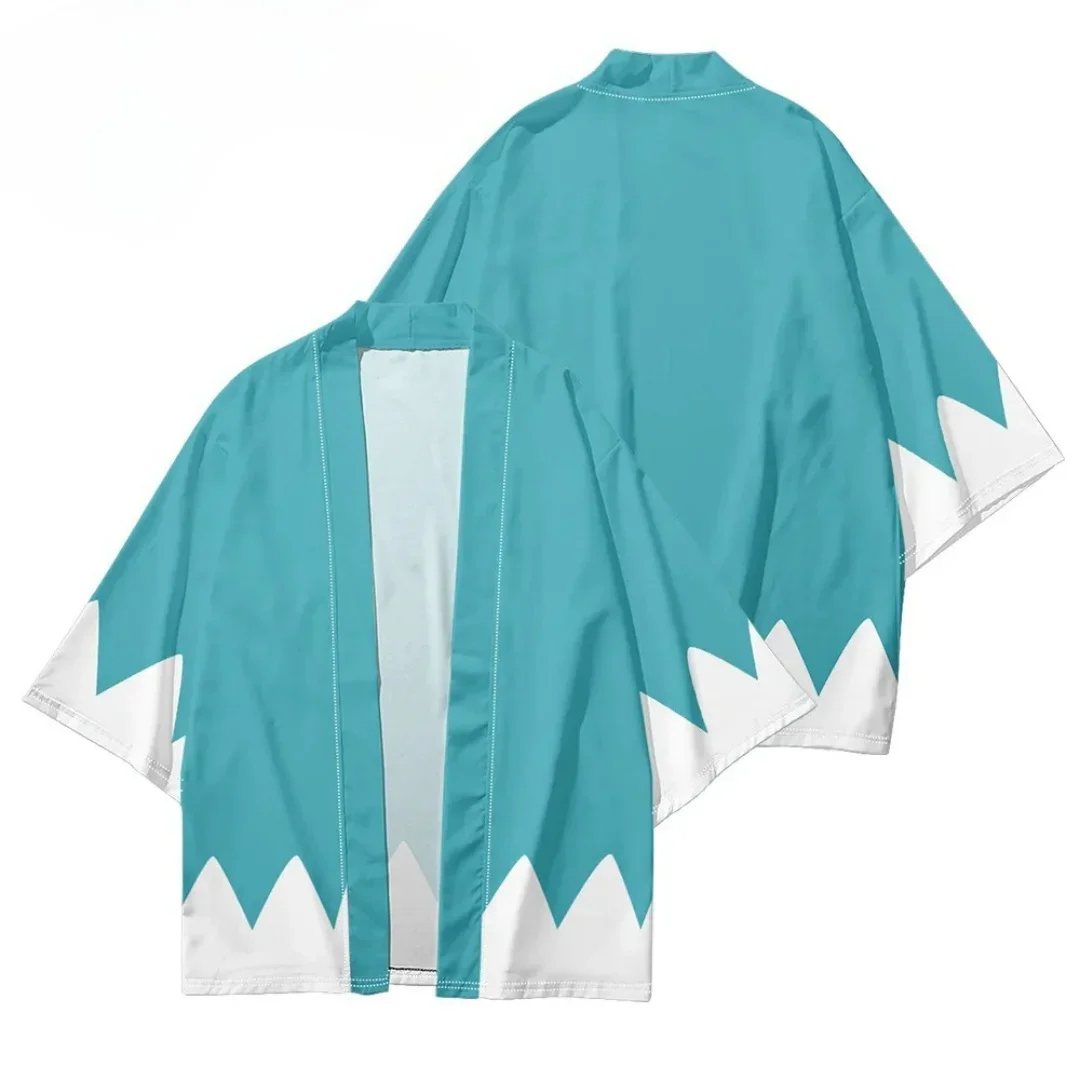 2026 Fashion Unisex Cyan White Zigzag Haori Kimono Cardigan 1/2 Sleeve Open Front Yukata Cover Up Coat Summer Casual Tops