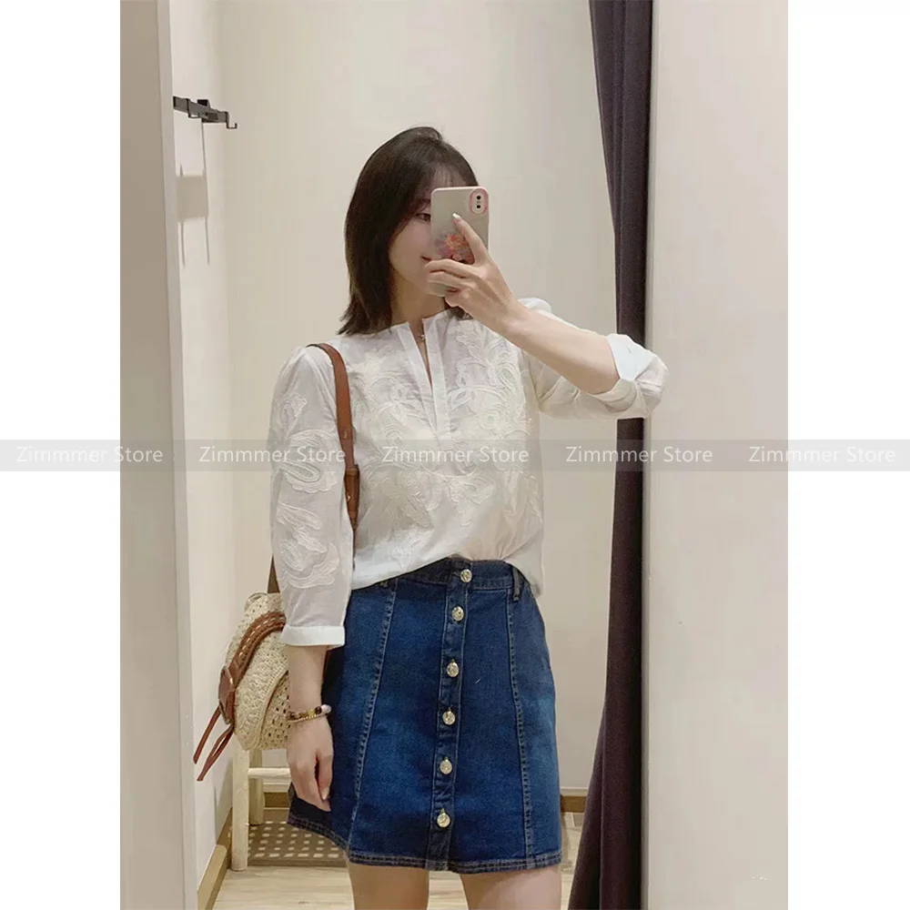 

Fashion women's 2024 French heavy three-dimensional carved flowers embroidery bubble sleeve cotton loose shirt