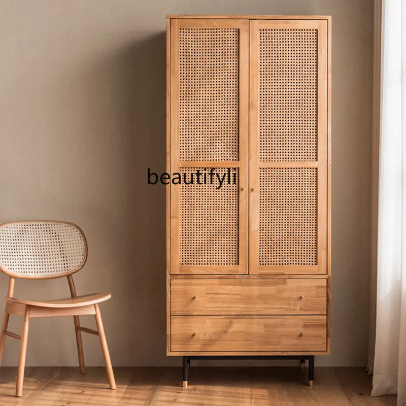 

Solid Wood Rattan Wardrobe Japanese-Style Household Storage Locker Log Double Door Hanging Wardrobe