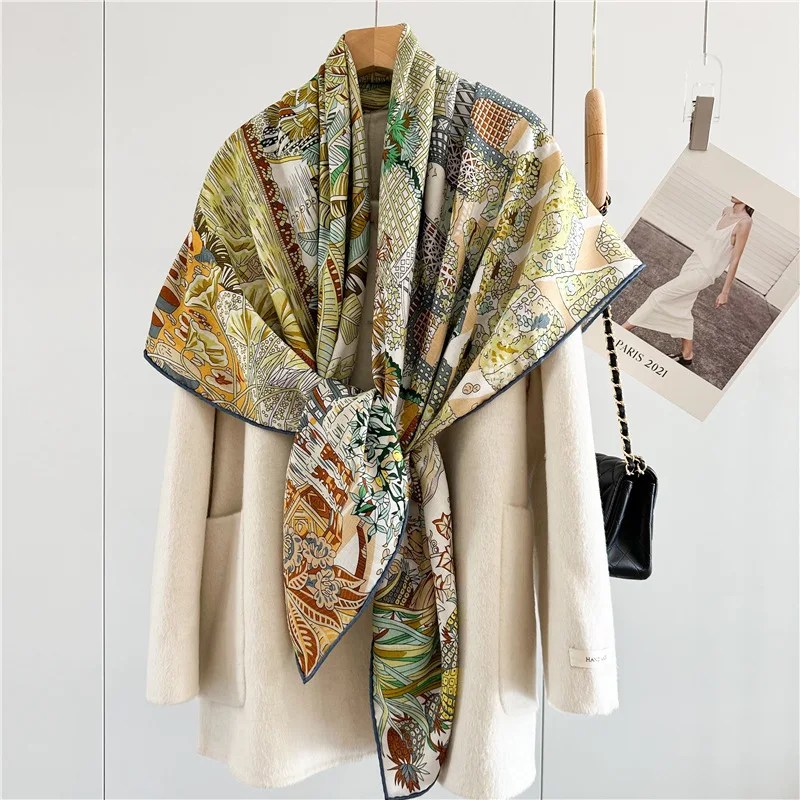 AB Sided Print Winter Soft Wool Pashmina Handrolled Edge Large Shawls Bandanas Hijab Woman Big Silk Stole Cape Scarves