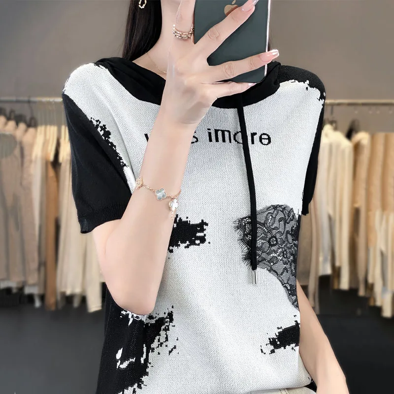 2024 Summer New Ice Silk Short sleeved T-shirt Women's Loose Hat Bottom Top Women's Top