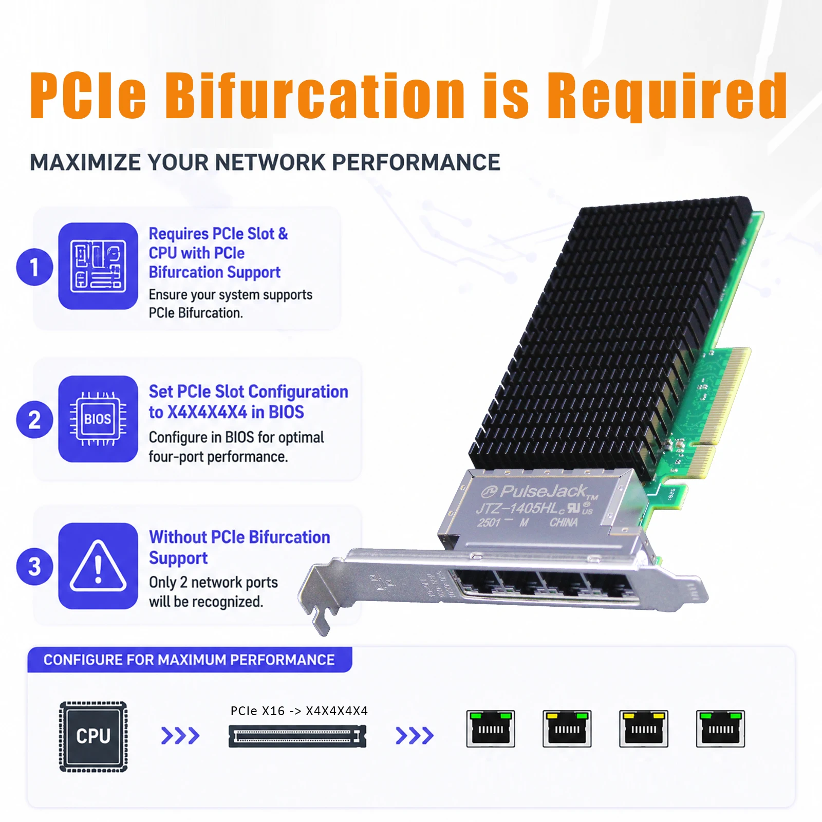 4-Port 10G RJ45 Ethernet Network Card with E610-XAT2 Controller, PCIe 4.0 x8, Ultra Low Power Design