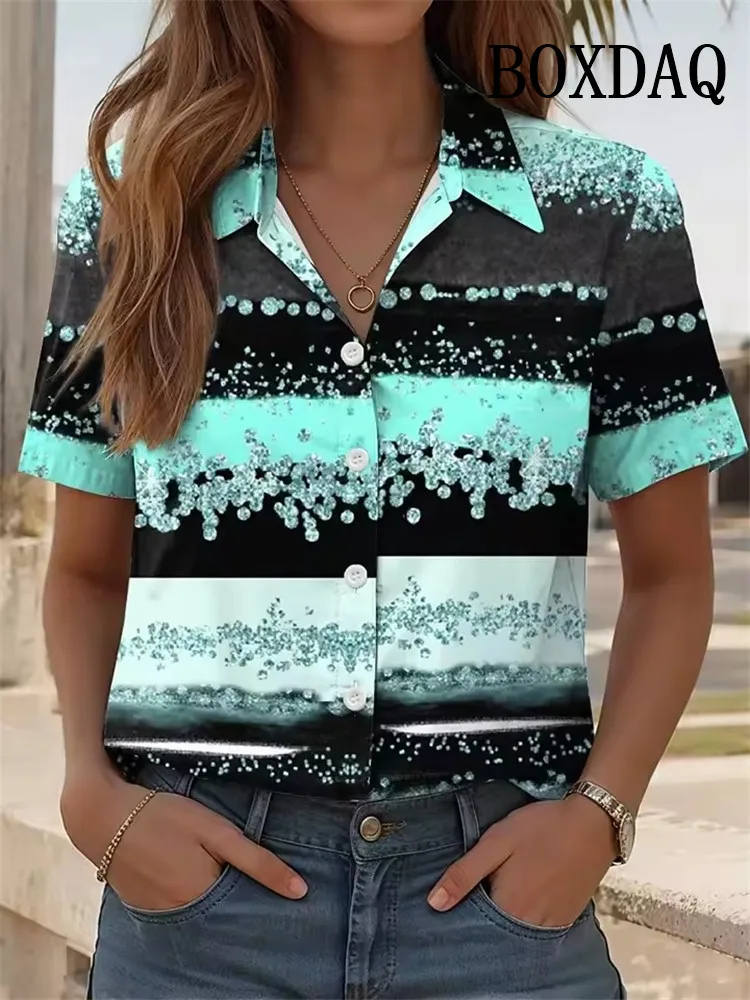 Women's Fashion Shirt Summer Short Sleeve 3D Printed Stripe Pattern Print Blouse Street Tie-Dye Ladies Casual Button Lapel Shirt