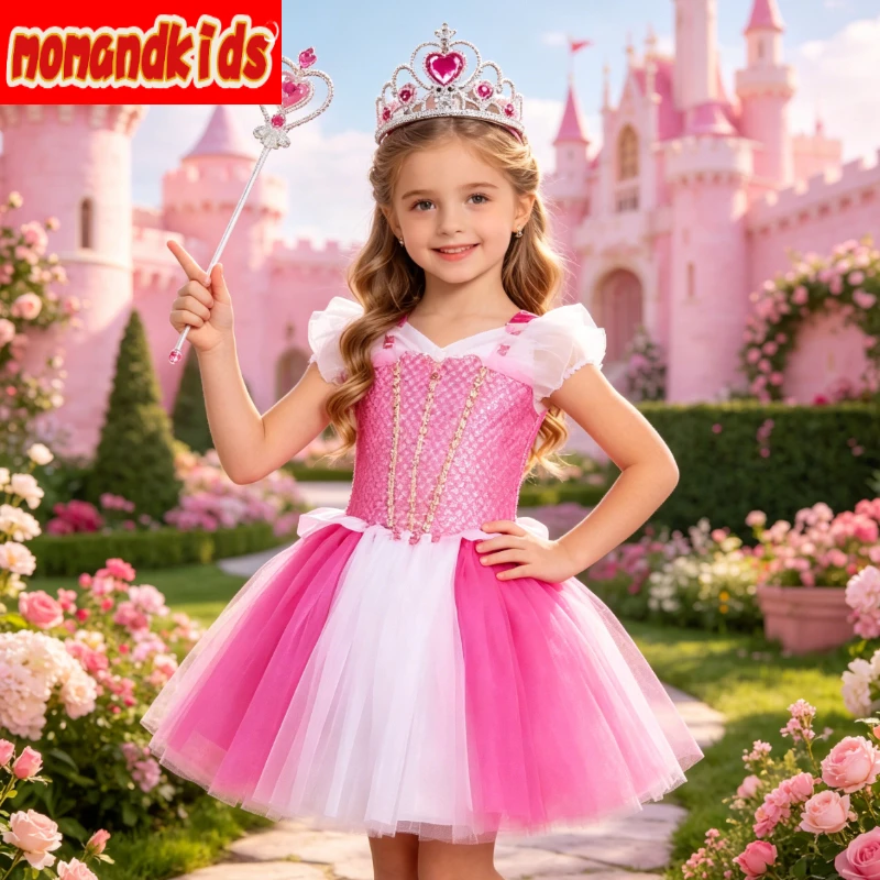 Bright Hot Pink Aurora Mesh Princess Dress with Soft Fluffy Skirt, Ideal for Birthday Photoshoots and Children’s Costume Contest