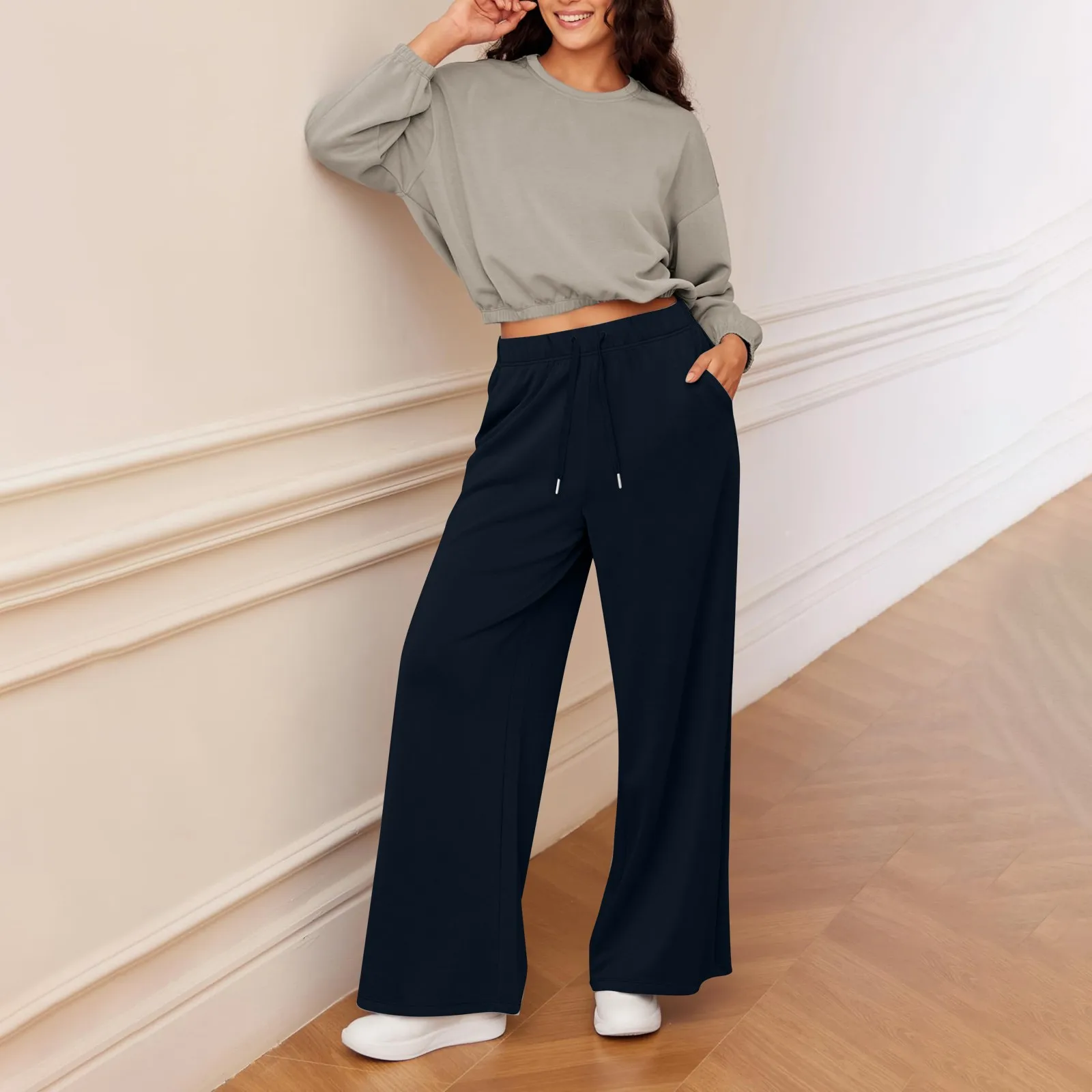 

Women's Soft Solid Color Wide Leg Pants With Pockets Drawstring High Waist Pull-On Casual and Versatile Trousers