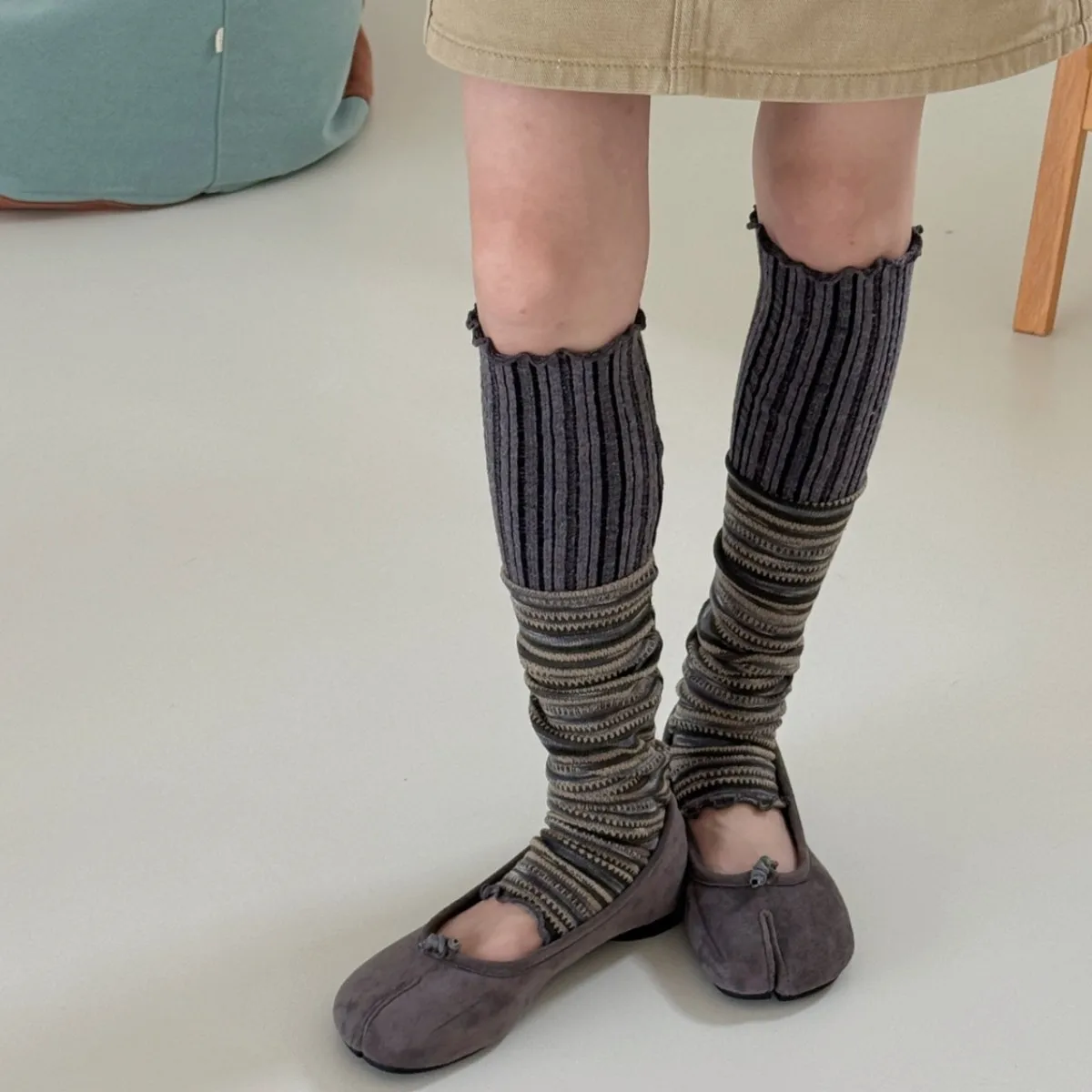 Retro Spliced Stripe Autumn Long Socks Japanese Color‑block British Style Women Slouch Socks Student Daily Commute Leg Warmers