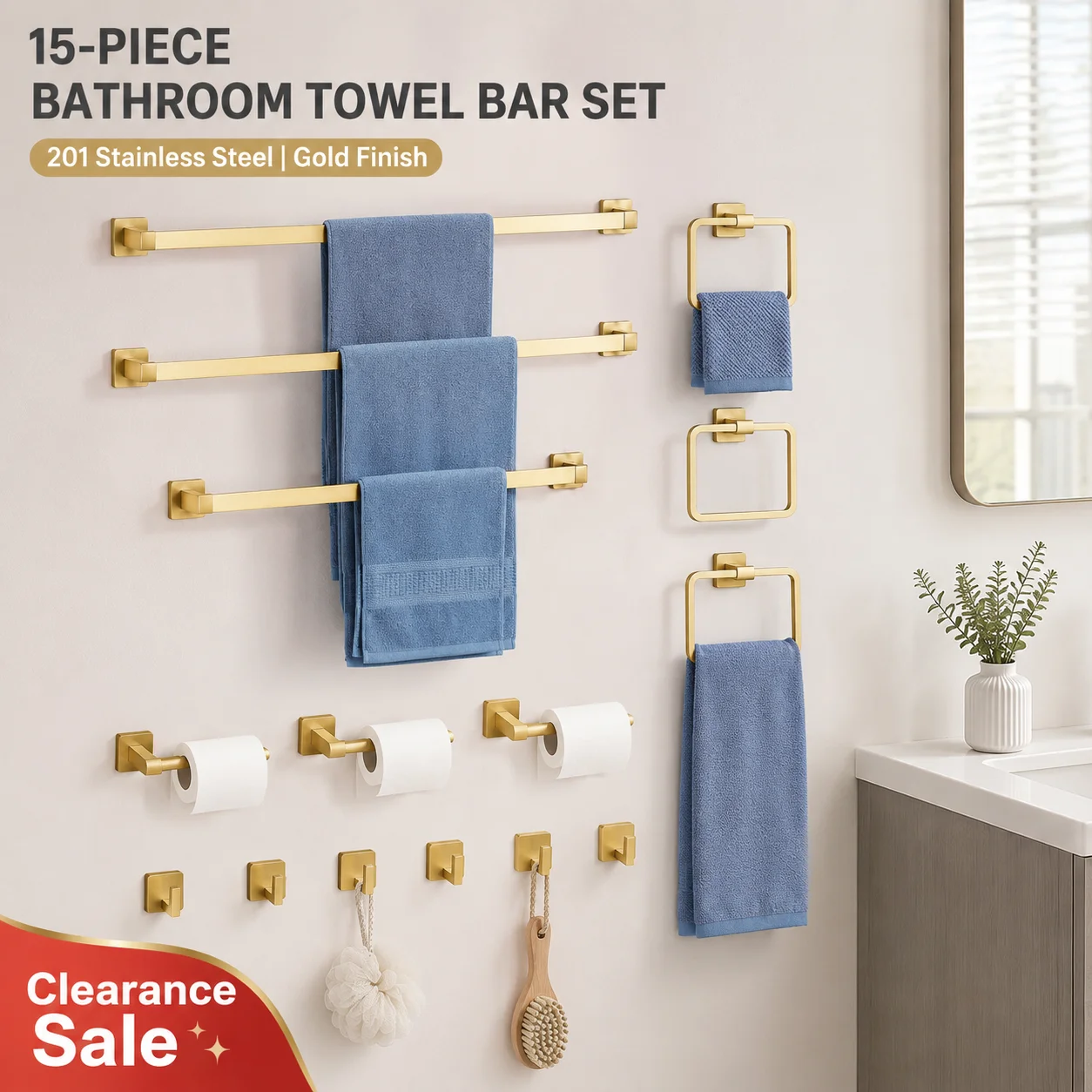 Gold 15-Piece 201 Stainless Steel Towel Bar Set Wall Mounted Towel Bar Set Bathroom Towel Bar Set with Towel Bars Rings Toilet Paper Holders Hooks Brushed Rustproof Heavy Duty Hardware Set for Bath Kitchen Laundry Room Easy Install