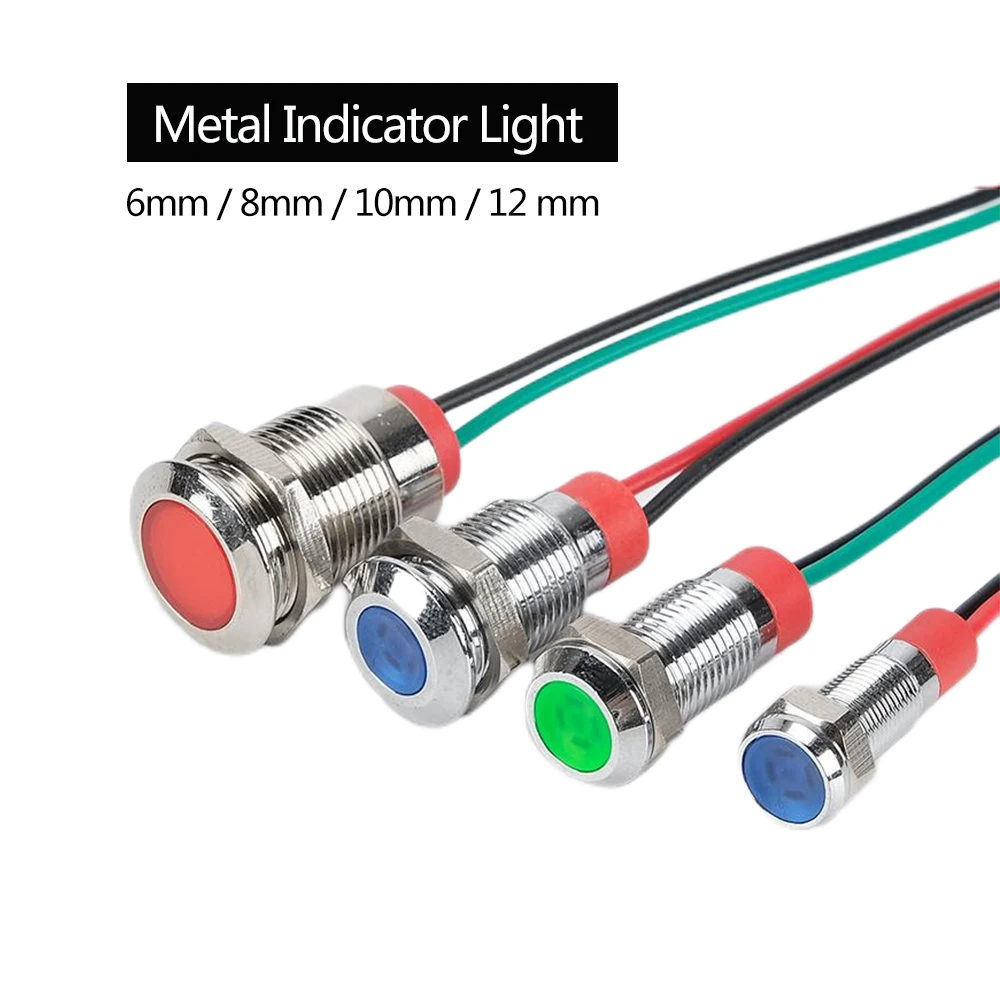 6mm 8mm 10mm 12mm  Waterproof LED Indicators Light Pilot IP67 Metal Warning Signal lamp 12V 24V 220V with wire red gr