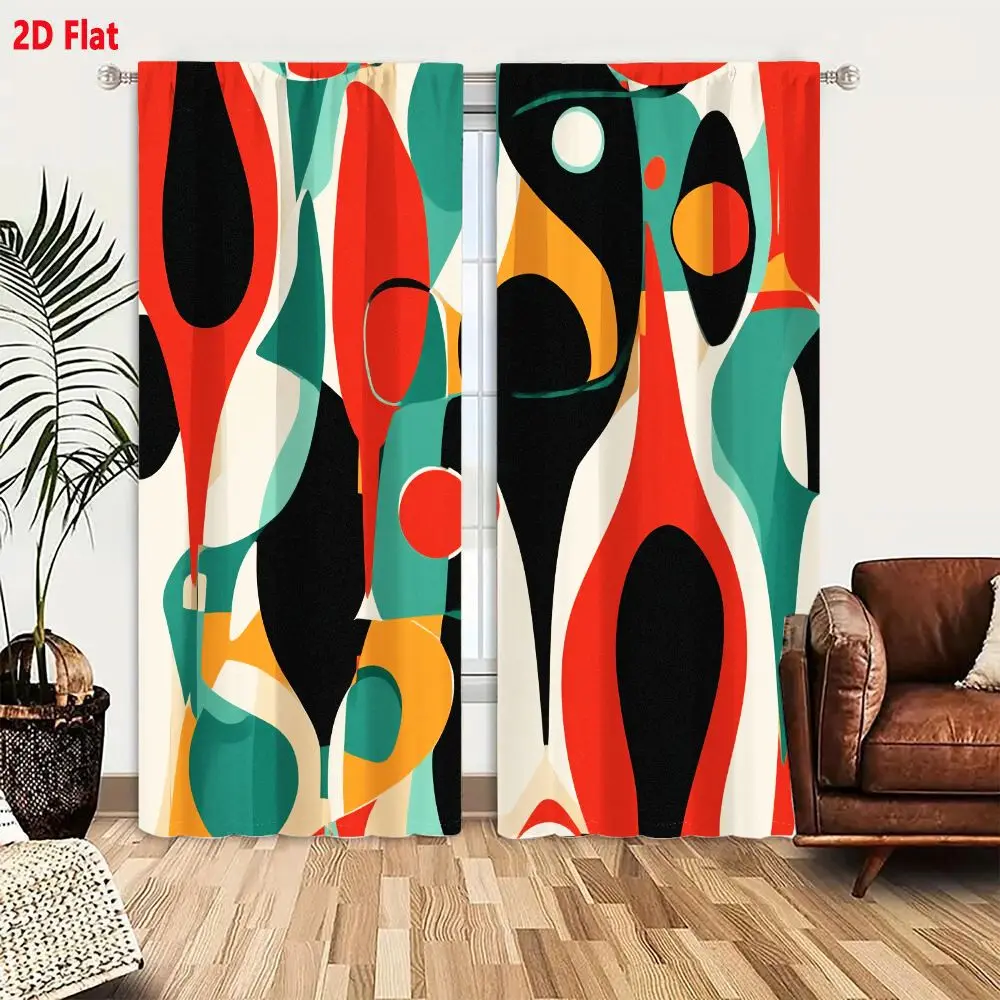 2Pcs Curtains 2D Flat Vibrant Abstract Composition Featuring Fluid Organic Shapes In Deep Reds Teal Greens Warm Oranges And Star