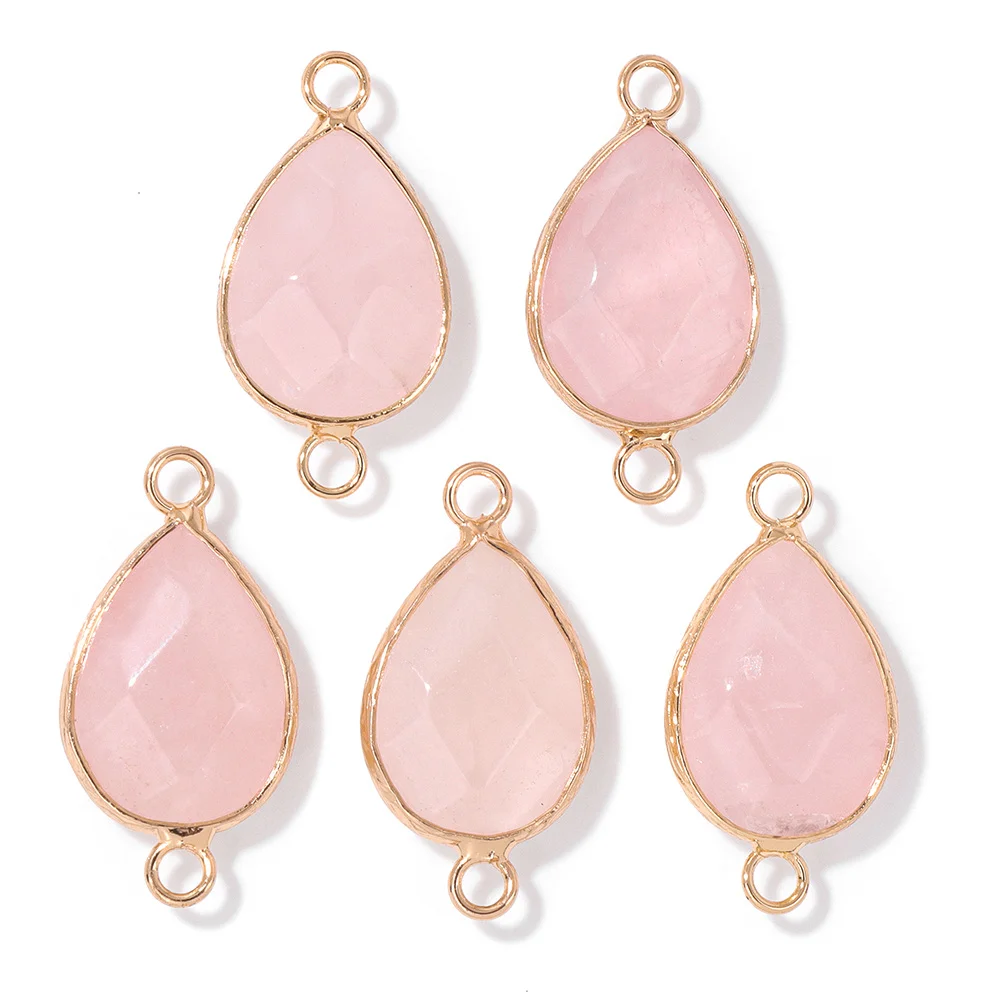 Natural Stone Rose Quartz Connector Pendant Water Drop Rectangle Crystal Double Hole Charms For Jewelry Making DIY Bracelets