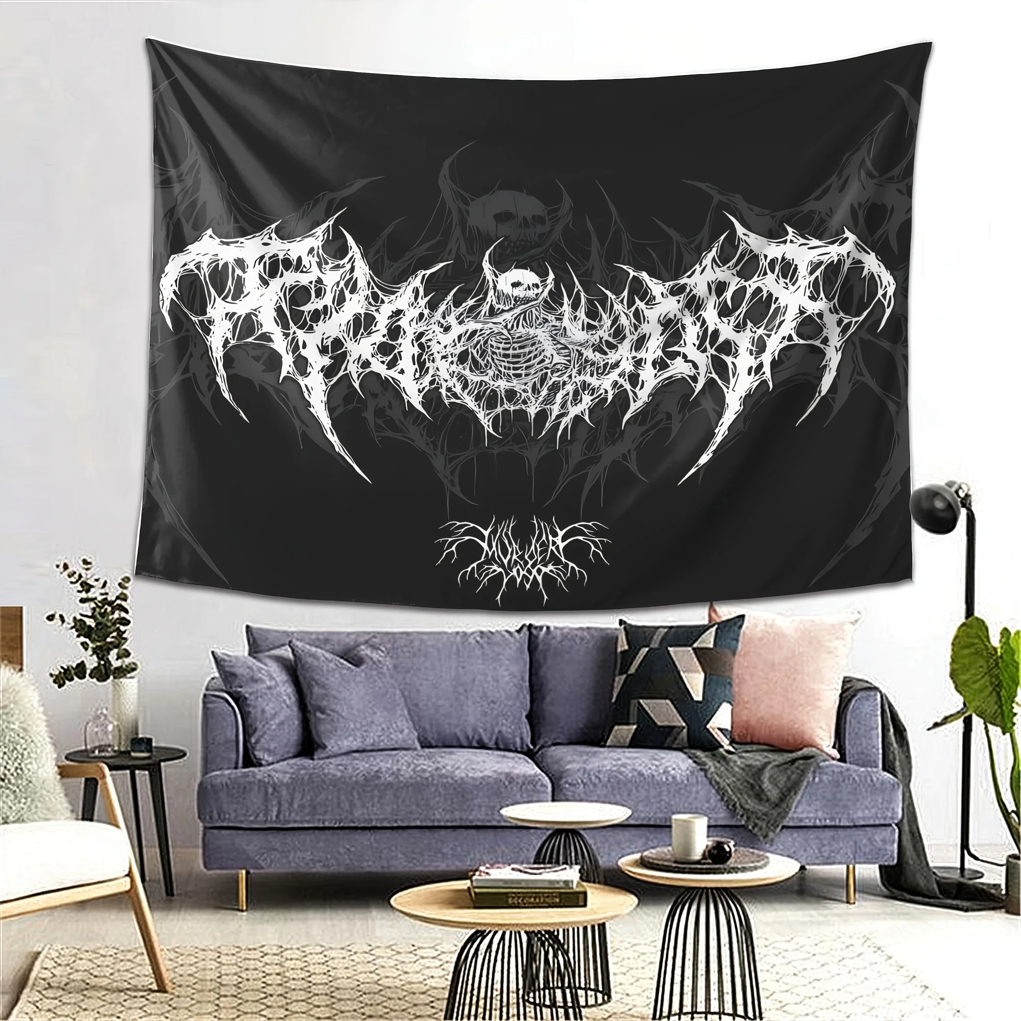 VIKAMA Gothic Death Metal Tapestry Black and White Bat Skull Wall Carpet Old Dark Hanging Cloth Room Decoration