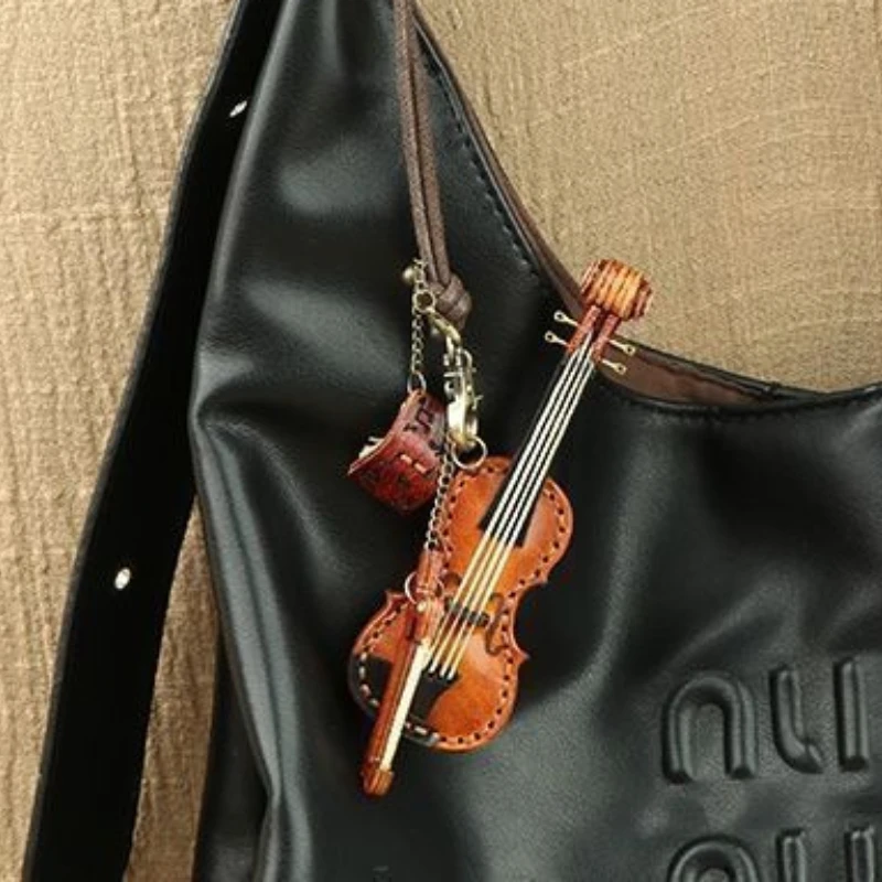 New Leather Fashion Violin Bag Exquisite Pendant Simple Musical Instruments Hand Rope Car Pendant Cute Key Lanyard Music Score