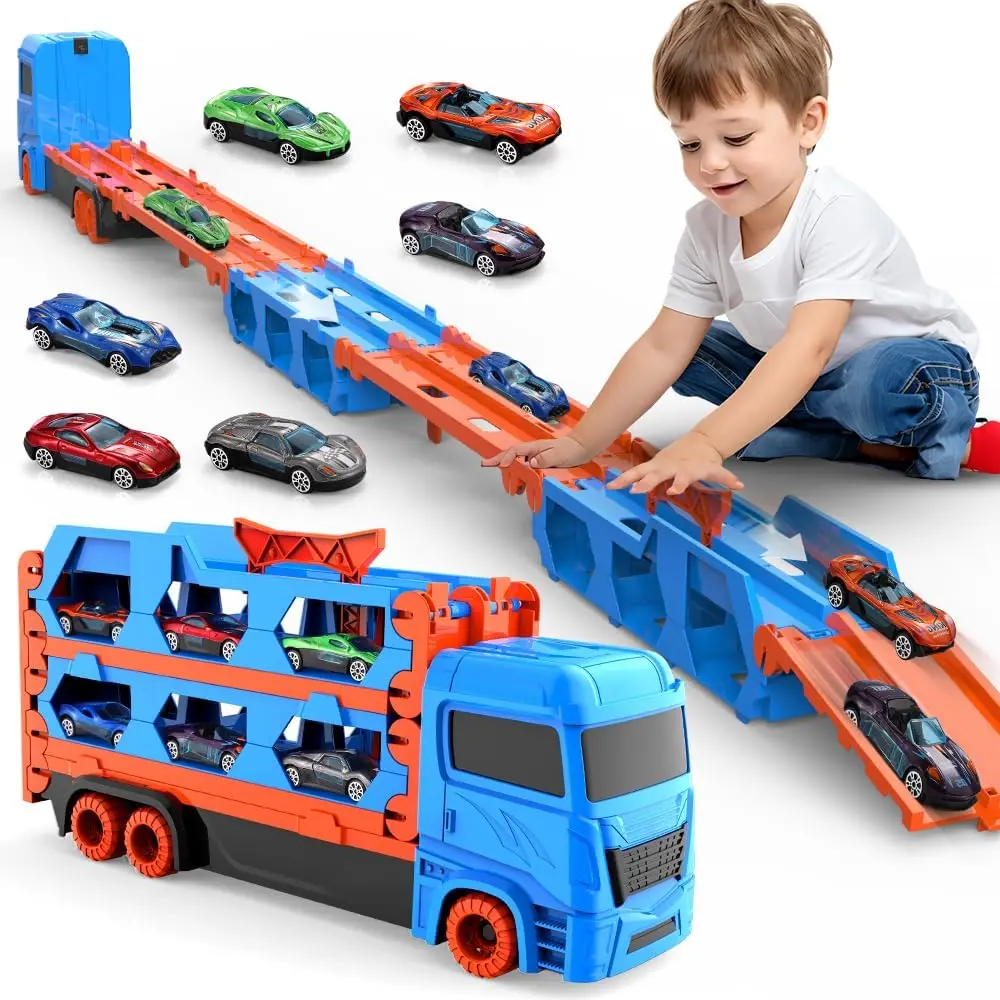 New Transport Truck Vehicles 65-Inch Foldable Trailer Racing 9 in 1 wiht 8 Die-Cast Racing Cars Alloy Car Toddler Toy Kids Gifts