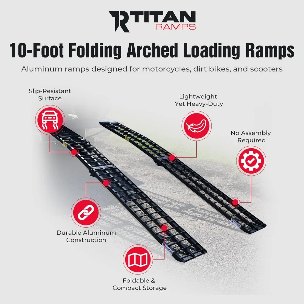 10' Portable ATV Ramps 1,200 lb. Capacity Aluminum Loading Ramps for Pickup Trucks Foldable, Lightweight with Serrated Crossbar