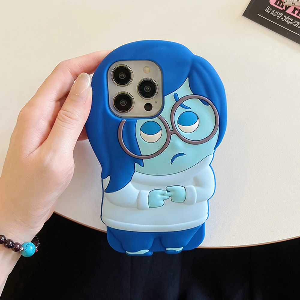 3D Cartoon Stereoscopic Blue Disneies Inside Out Phone Case for IPhone 15 14 13 12 11 Pro Max Plus Soft Silicone Back Cover Gift