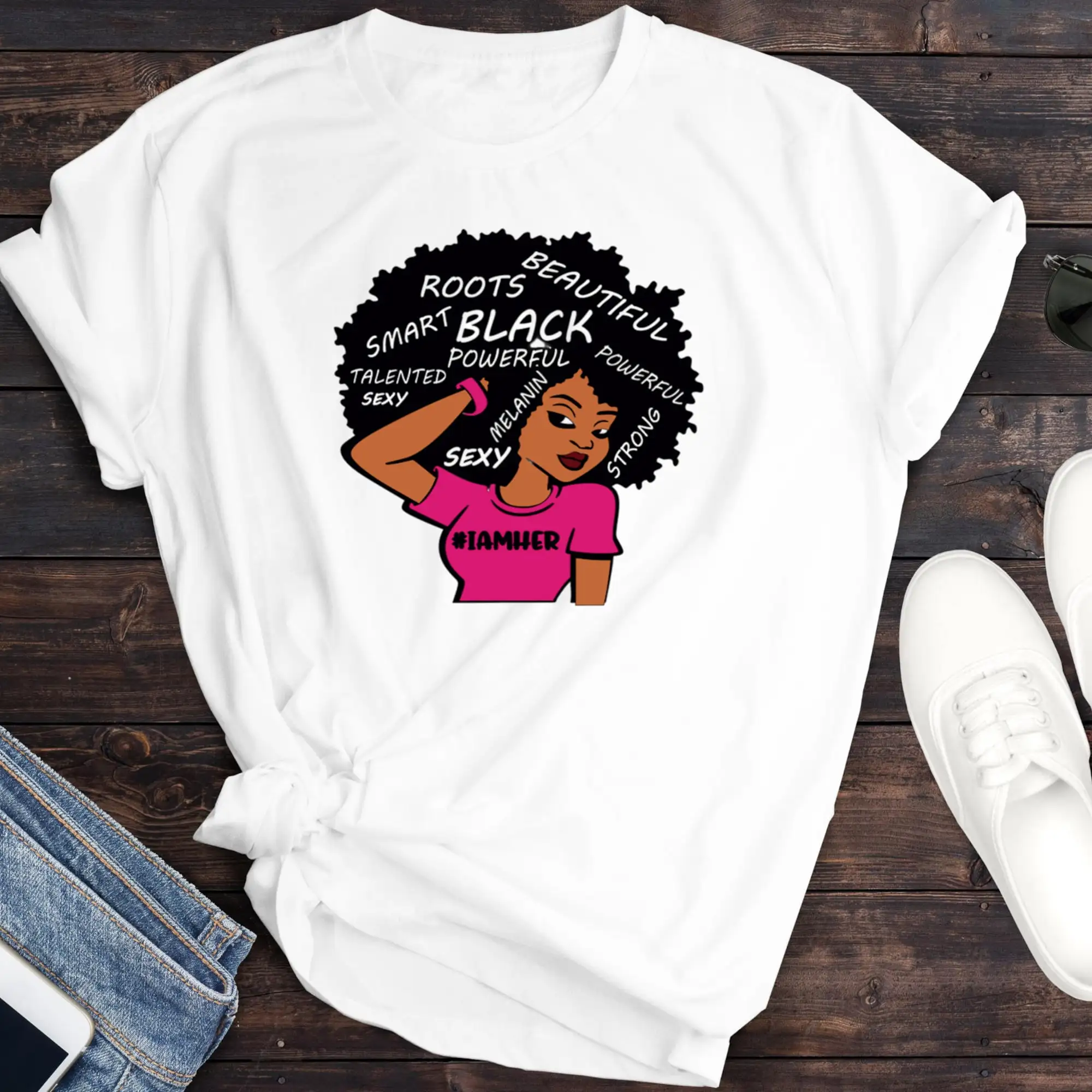 I Am Her Sublimation Ladies T-Shirt, Black Girl Magic, Melanin Magic, Big Hair