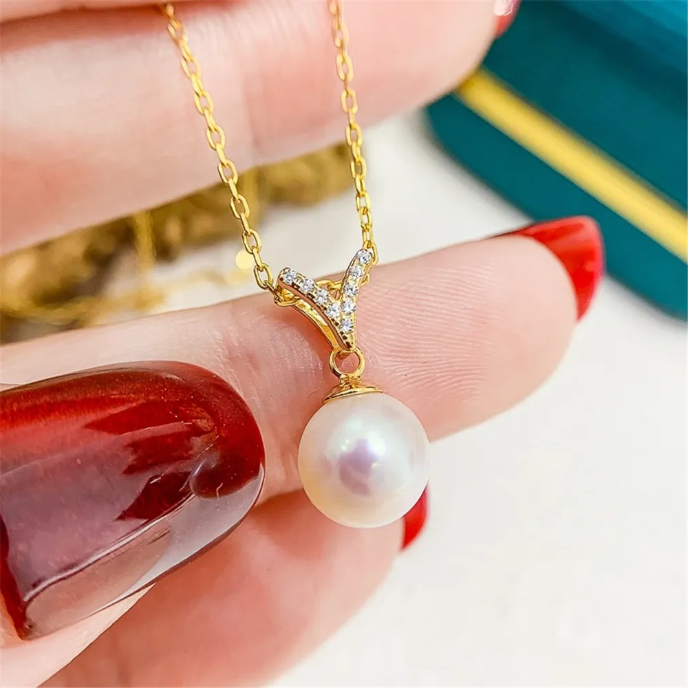 

DIY Pearl Accessories S925 Sterling Silver Pendant with Empty Support K Gold Jade Necklace Pendant Fit 8-12mm Round Beads D245