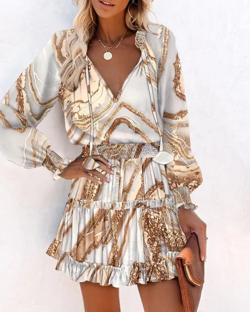 New Fashion Sexy Long Sleeve V-neck Print Floral Fit And Flare Slim Fit Above Knee Dress For Women,8 Colors