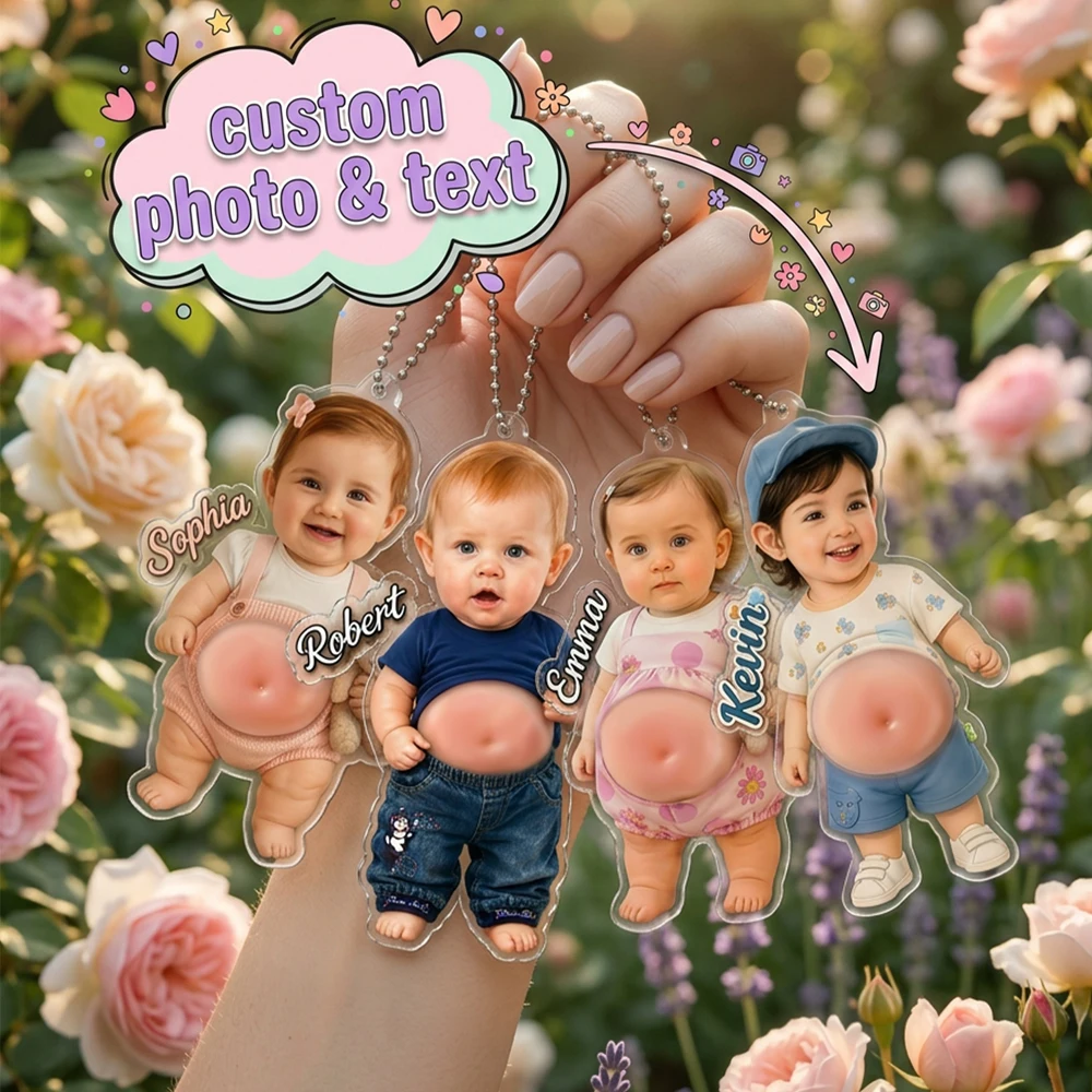 Custom Photo & Name Baby Squishy Belly Acrylic Keychain,Cute Baby Portrait Personalized Pendant,Stress Relief Keepsake Ornament