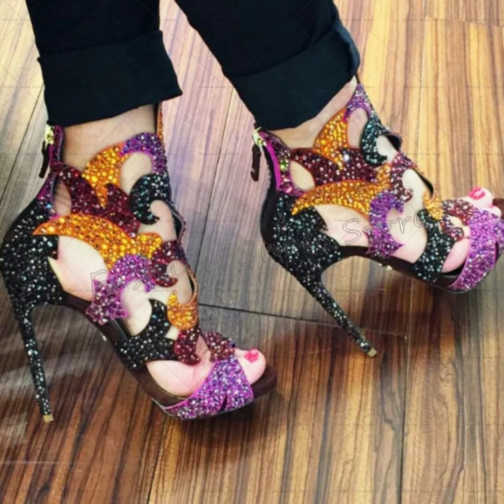 

Mixed Color Hollow Out Crystal Sandals Back Zipper Thin High Heels High Heel Shoes for Women Heels 2025 New Zapatos Para Mujere