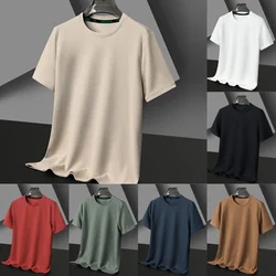 Men's Casual Waffle Round Neck Short Sleeved T-shirt Breathable Comfortable Fashionable Short Sleeved Top