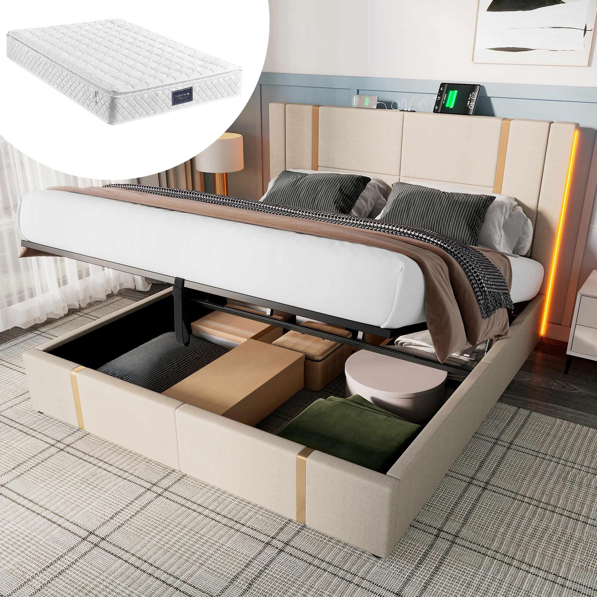 Upholstered double bed, charging via USB Type-C, APP controlled LED, 160x200, bed with storage space, beige (with mattress)