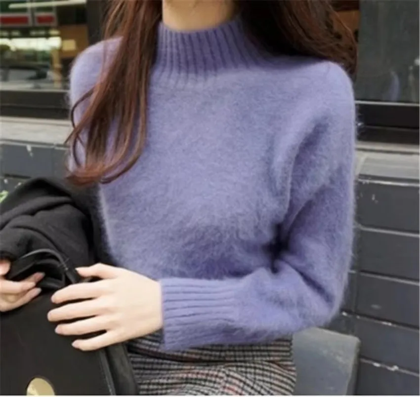 JSXDHK New Korean Women Knitted Sweater Autumn Winter Yellow Mink Cashmere Soft Warm Pullovers Casual Loose Stand Collar Tops
