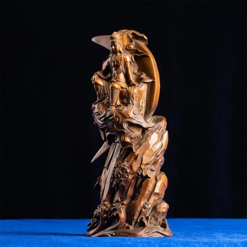 

Kuan Yin Wood Sculpture, Moon Perching Pose, Fine Artistry, Wooden Brown Finish, Timeless Classical Elegance