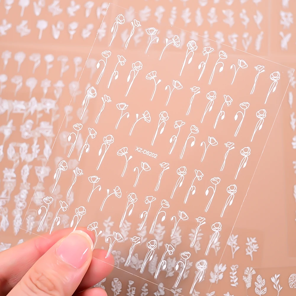 12 pièces 3D Vintage feuilles blanches fleurs autocollants pour ongles 3D auto-adhésif rétro fleur Rose décalcomanies pour ongles 8*10 cm feuille fournitures pour ongles D9