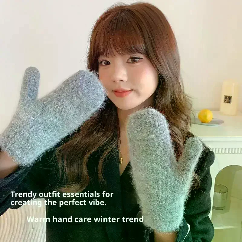 Gloves For Women In Winter Cute Plush Thickened Rabbit Fur To Keep Warm And Furry Student Riding To Prevent Cold And Freezing