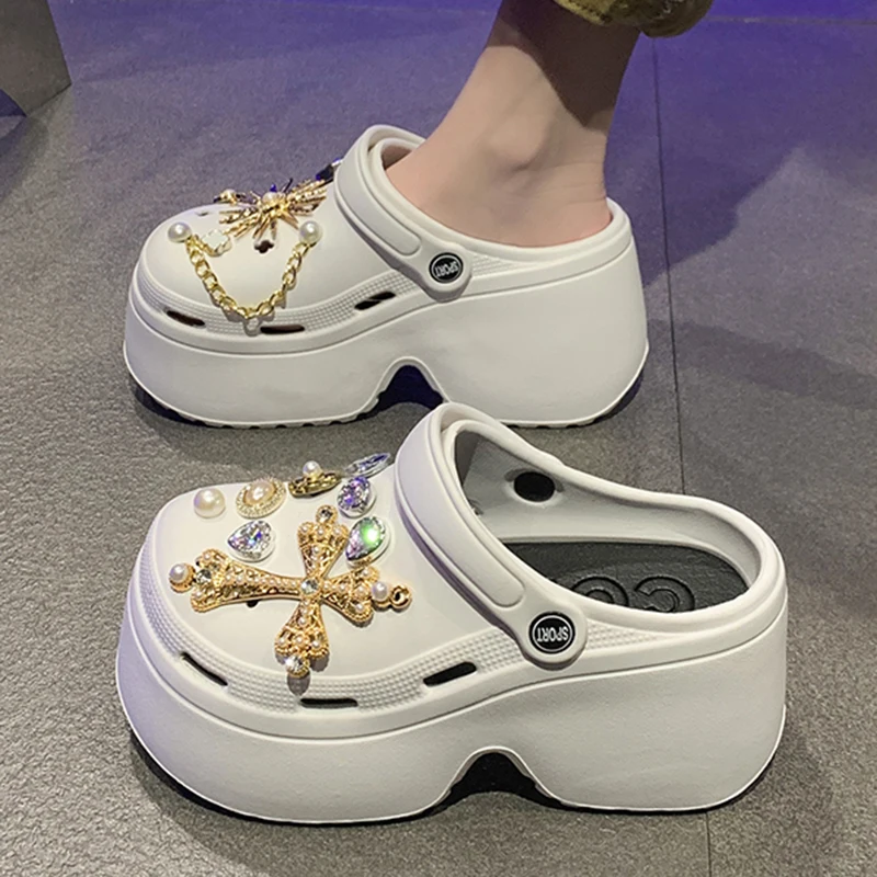 Women Platform Slippers EVA Clogs Shine Cross Decoration Sandals Garden Shoes Non-Slip Slides Luxury Casual Outdoor Slippers 40