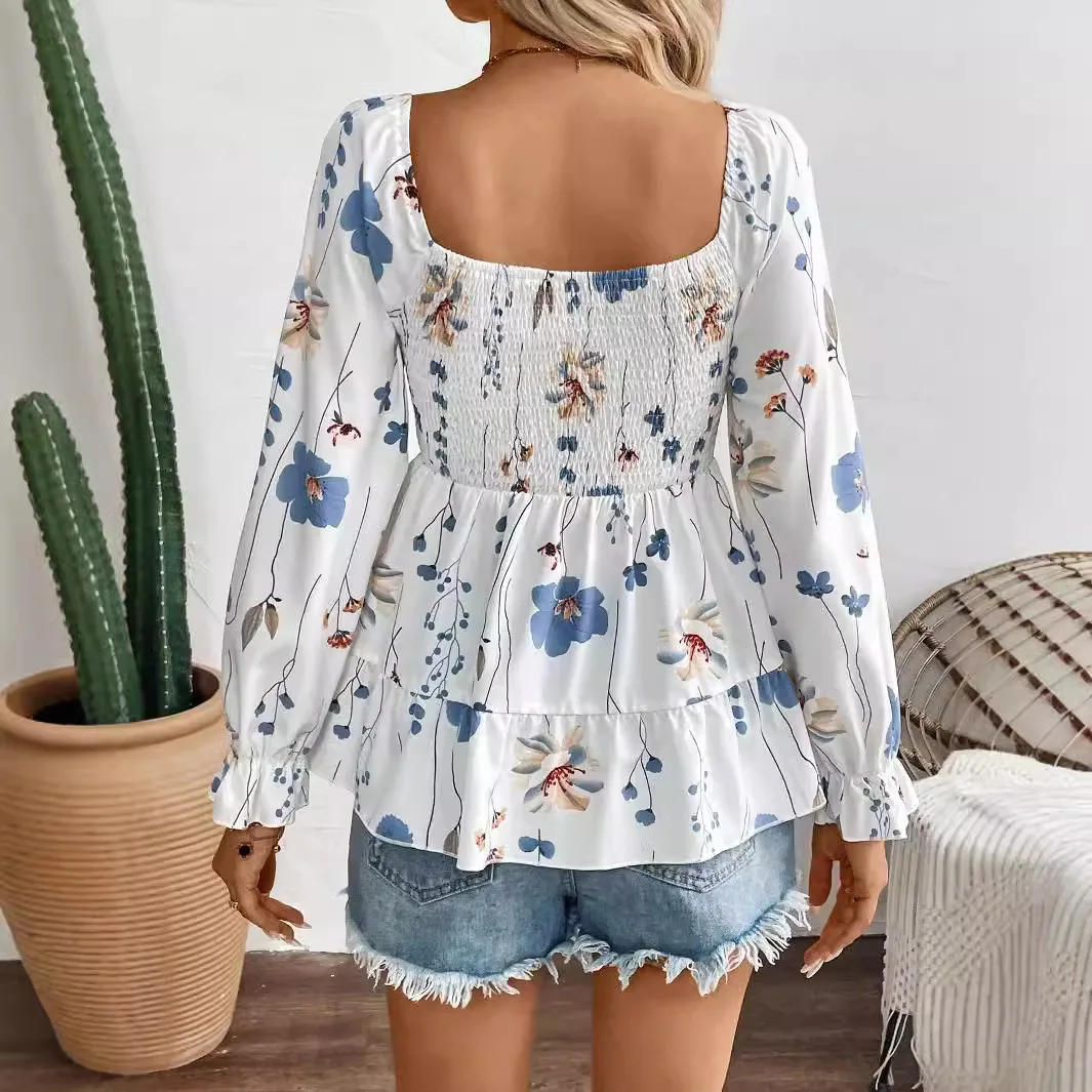 Camiseta de manga larga con corsé y estampado de flores para mujer, Top elegante transfronterizo 2025, Cw18135