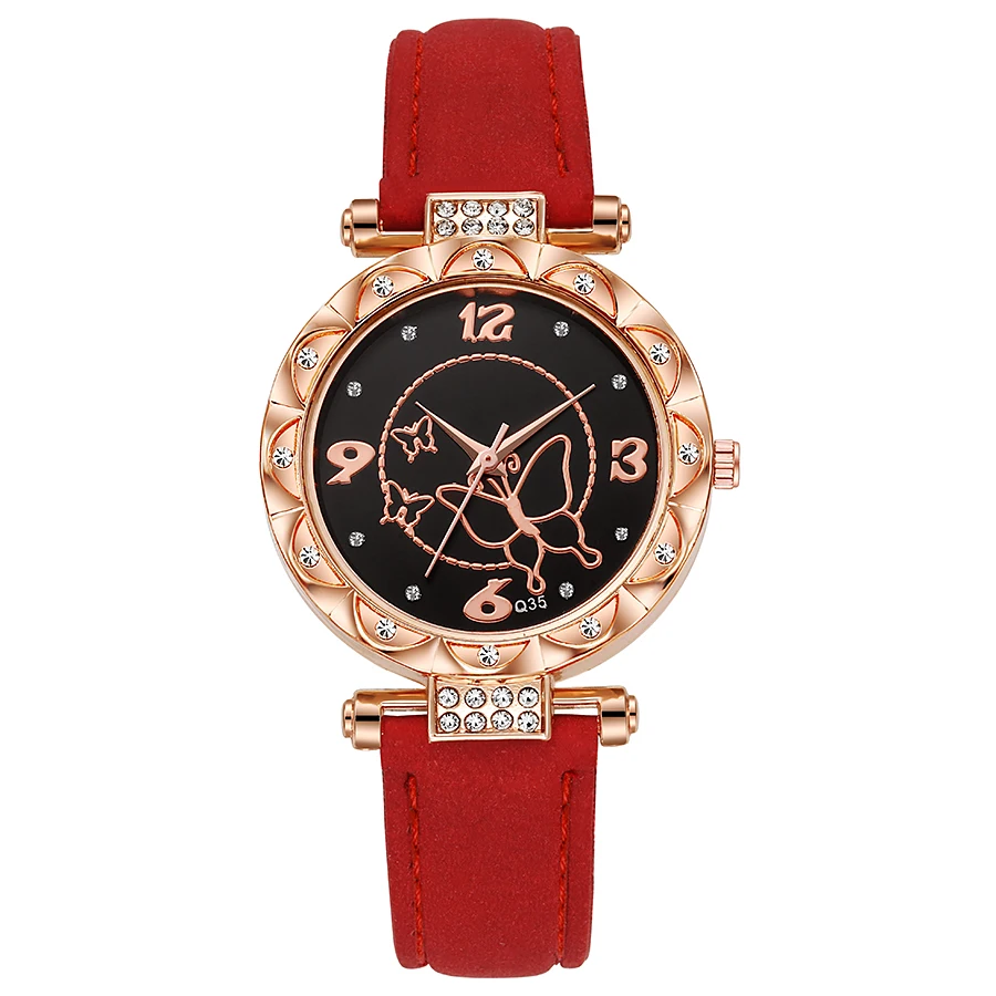 Fashion popular foreign trade rhinestone butterfly series abrasive leather strap watch girl watch gift