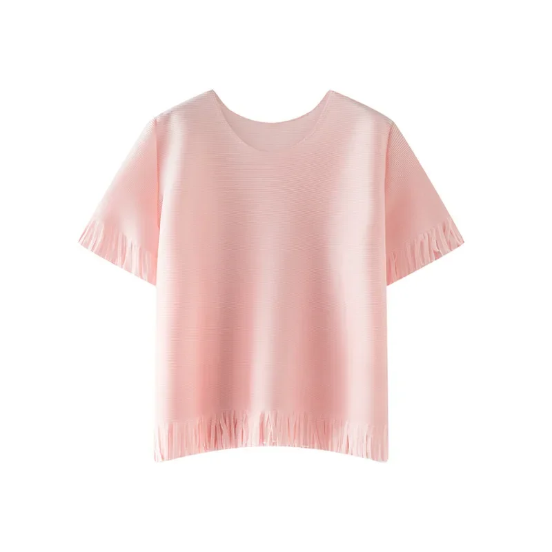 

Women's Round Neck Loose Short Sleeve Design Tassel Top Miyake 2025 Summer New Wave Hundred Solid Colours Folded T Shirt