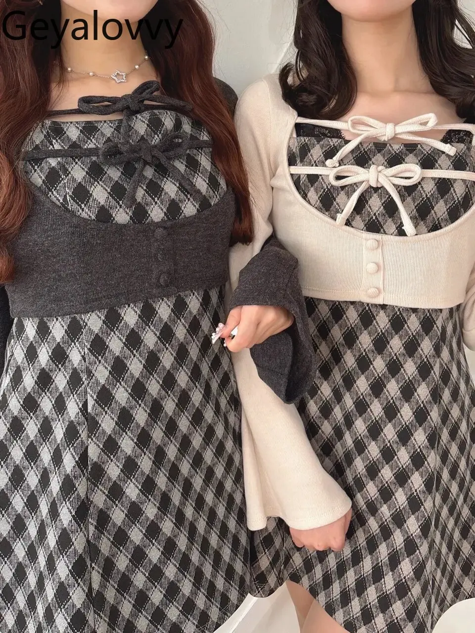 

Japanese-style Preppy Long Sleeve Lace-up Top + Plaid Suspender Dress Set Fashion Spring Autumn Elegant Dresses for Women