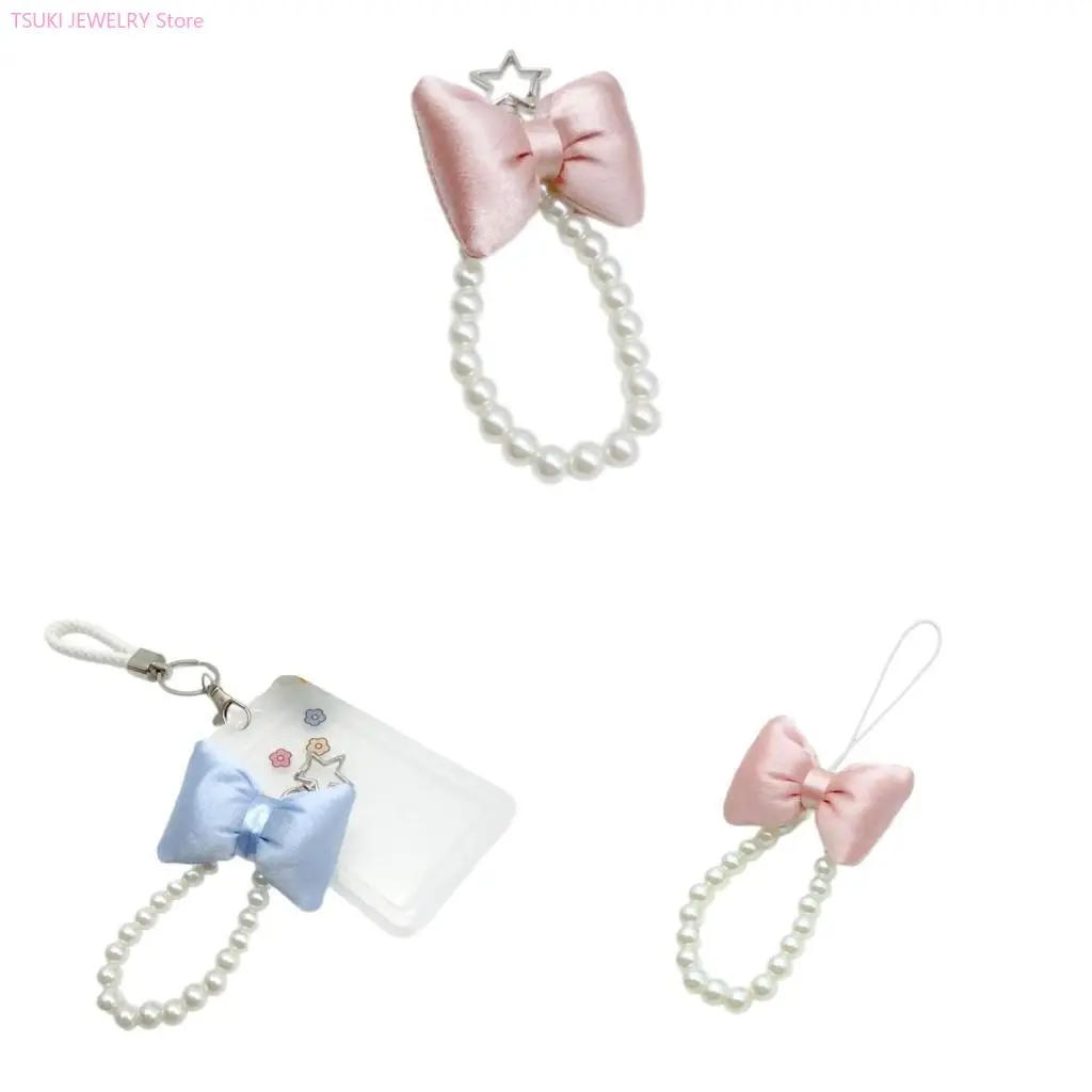 62KE Elegant Keychain Pendants Phone Hangings Fashionable Bowknot Keychain Pendants Beaded Phone Charm Purse Accessory