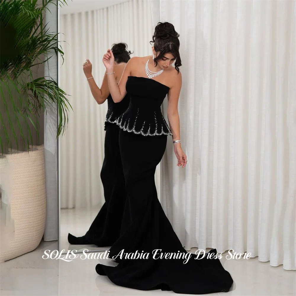 

SOLIS Black Evening Dresses Satin Strapless Party Dresses Crystal Trim Prom Gown Wrap Hips robes du soir with Train Customized