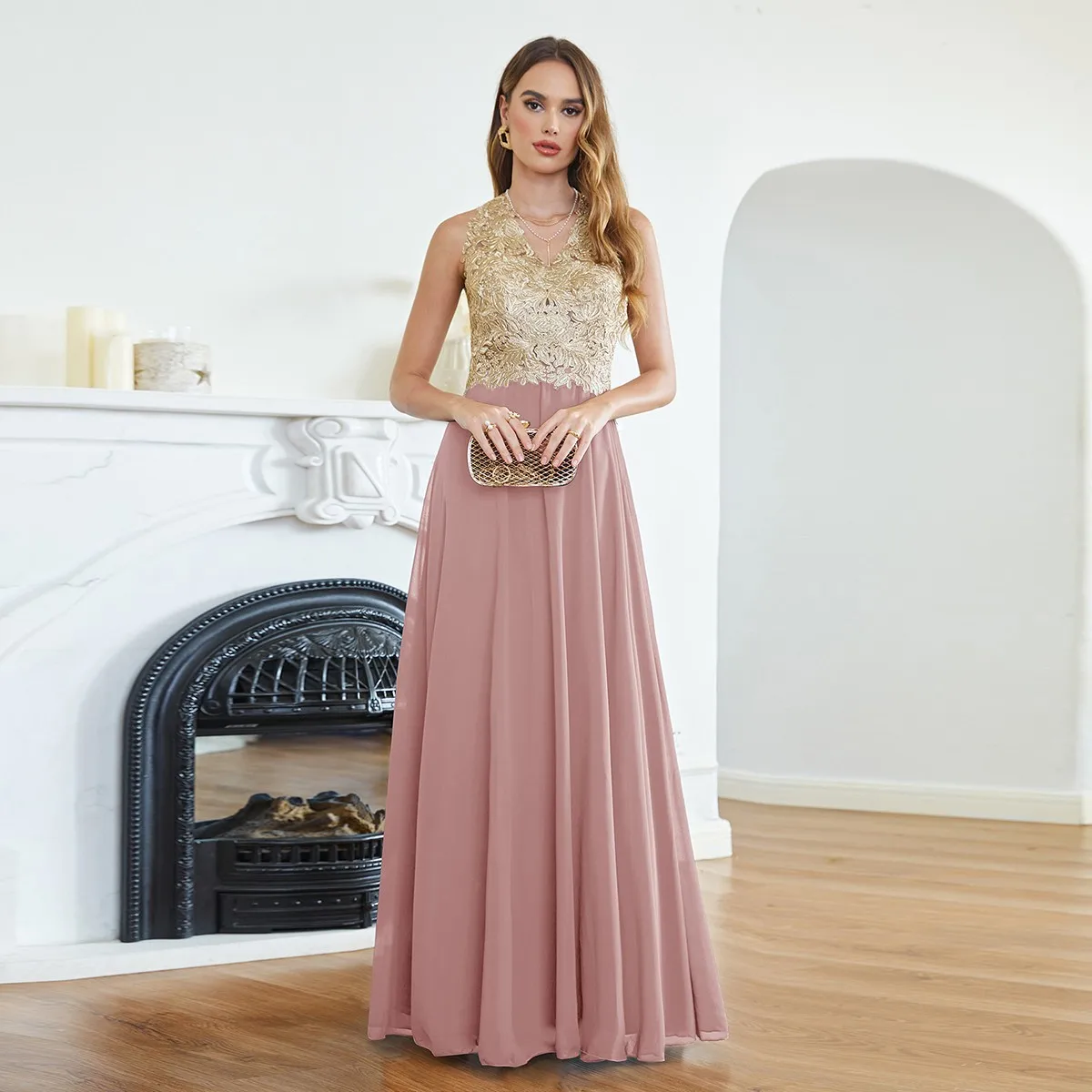 Women's Gold Lace Applique A Line Chiffon Bridesmaid Maxi Dresses 2025 Elegant V Neck Long Wedding Party Prom Gowns Vestidos