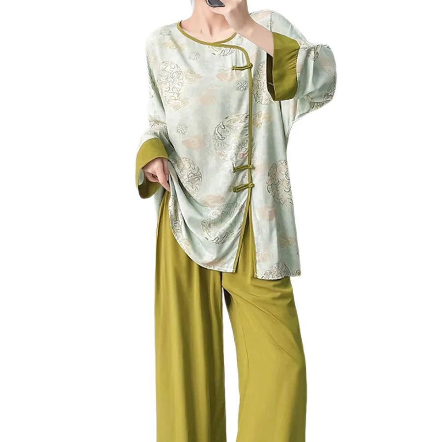 USHINE Tai Chi Women's Retro Chinese-style Buttoned Sleepwear Set (Satin Printed Long Pants Style) Casual Wear